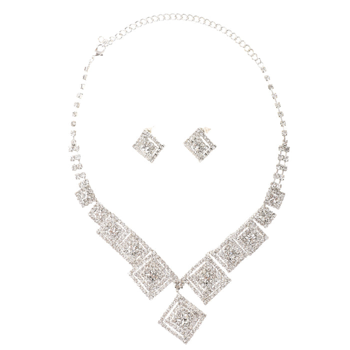 Wedding Bridal Rhinestone Crystal Jewelry Rhombus Shape Necklace Earring Set