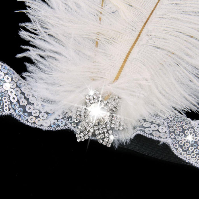 White Crystal Sequins Ostrich Feather Headpiece Vintage Headband Flapper