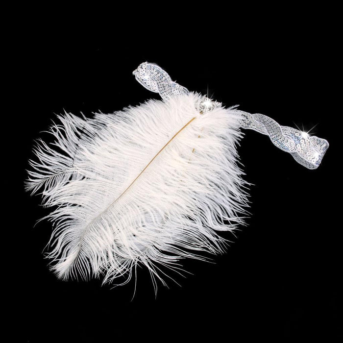 White Crystal Sequins Ostrich Feather Headpiece Vintage Headband Flapper