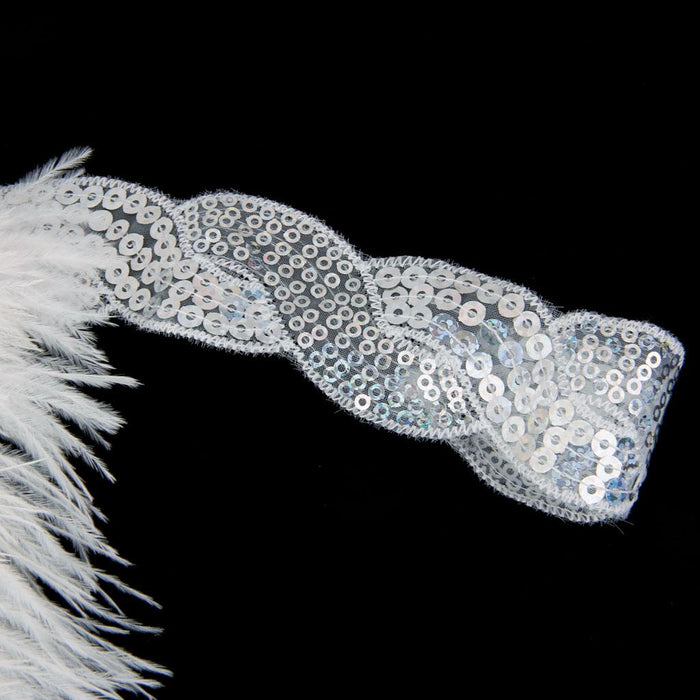 White Crystal Sequins Ostrich Feather Headpiece Vintage Headband Flapper