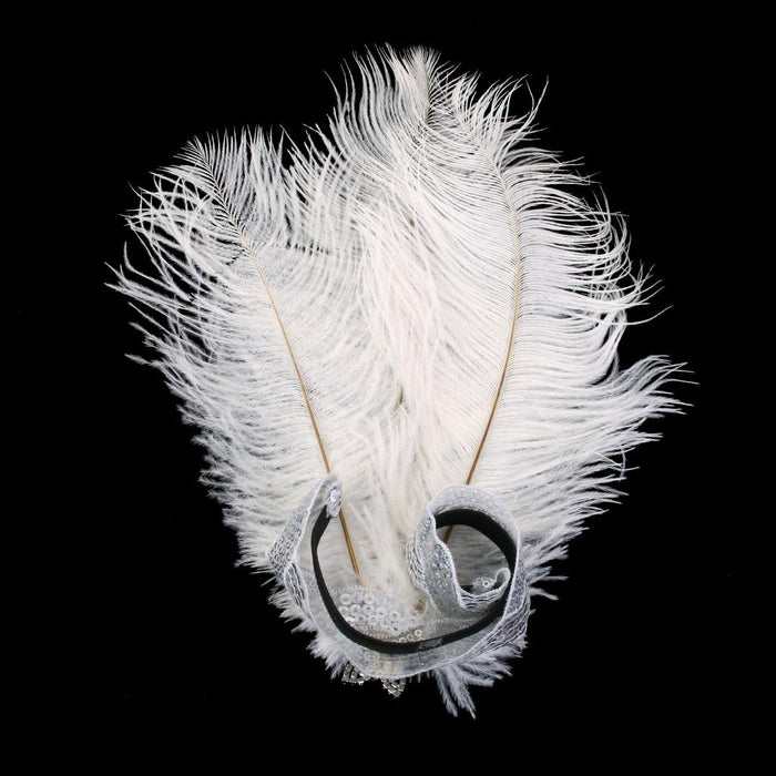 White Crystal Sequins Ostrich Feather Headpiece Vintage Headband Flapper