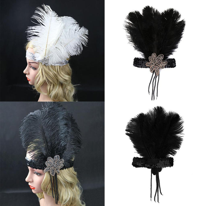 White Crystal Sequins Ostrich Feather Headpiece Vintage Headband Flapper