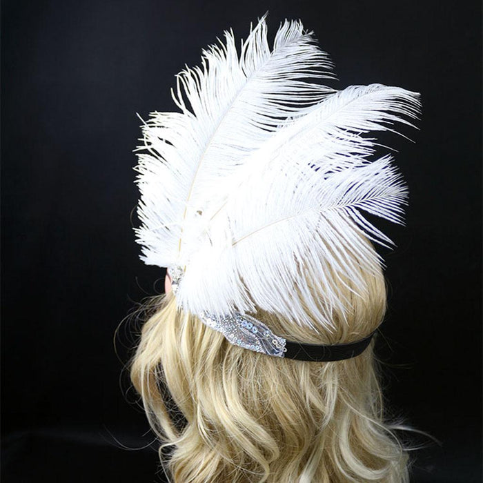 White Crystal Sequins Ostrich Feather Headpiece Vintage Headband Flapper