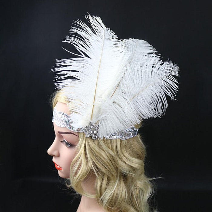 White Crystal Sequins Ostrich Feather Headpiece Vintage Headband Flapper