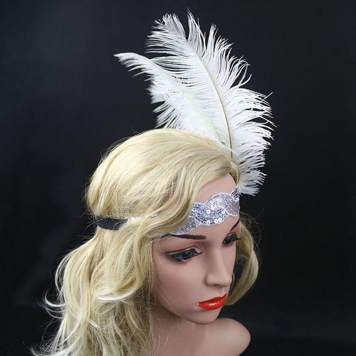 White Crystal Sequins Ostrich Feather Headpiece Vintage Headband Flapper