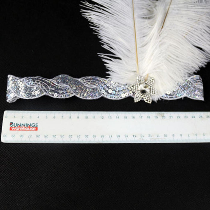 White Crystal Sequins Ostrich Feather Headpiece Vintage Headband Flapper