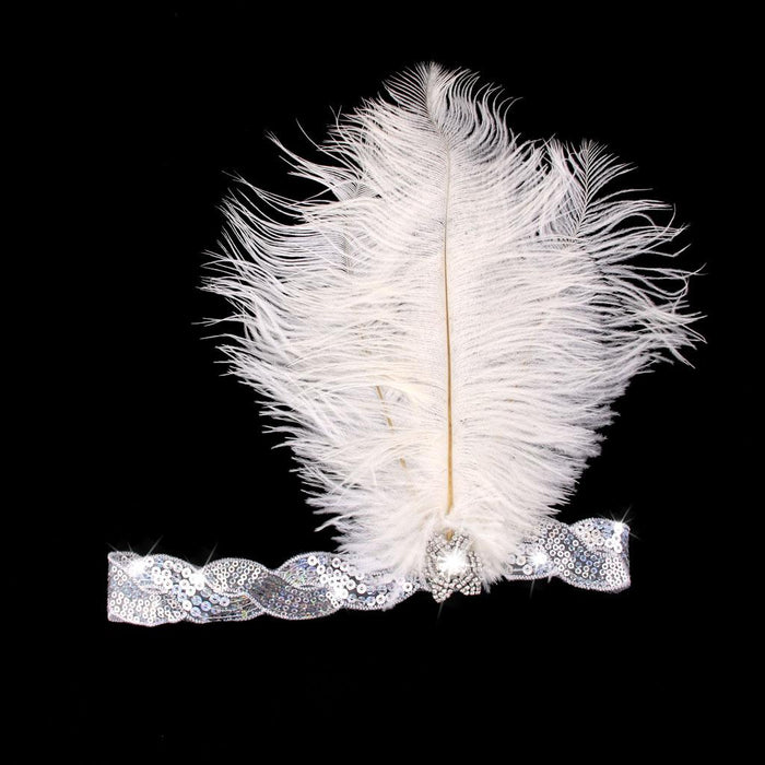 White Crystal Sequins Ostrich Feather Headpiece Vintage Headband Flapper