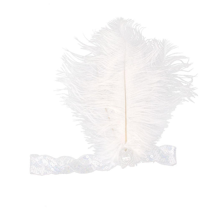 White Crystal Sequins Ostrich Feather Headpiece Vintage Headband Flapper