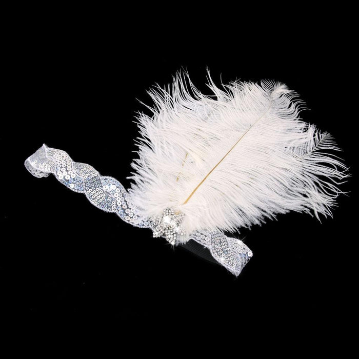 White Crystal Sequins Ostrich Feather Headpiece Vintage Headband Flapper