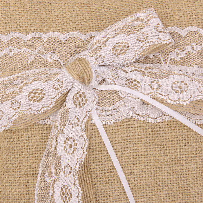 Wedding Bridal Hessian Burlap Ring Pillow Lace Trim Bowknot Decor