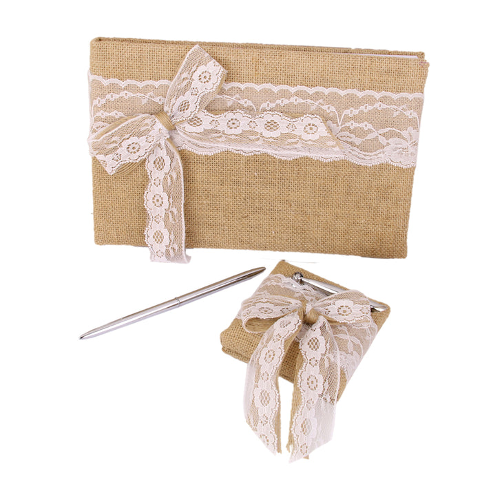 Vintage Wedding Burlap Hessian Lace Bowknot Guest Book Pen Set