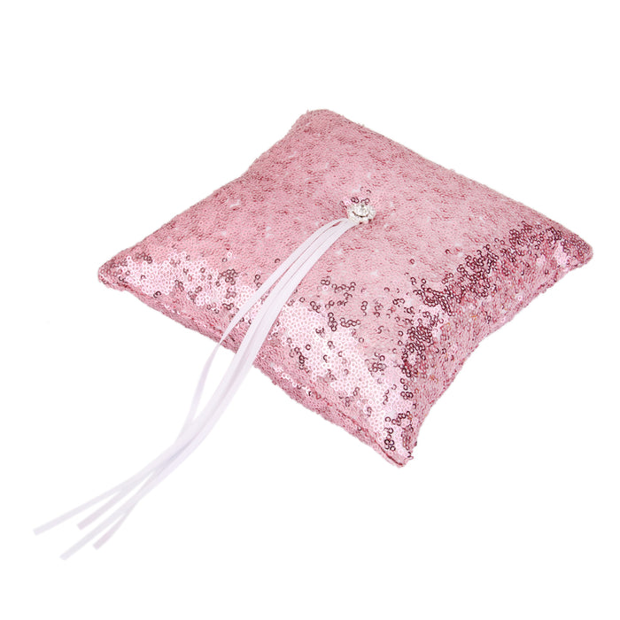 20cm Square Wedding Ring Bearer's Pillow Sequins Cushion for Party Pink