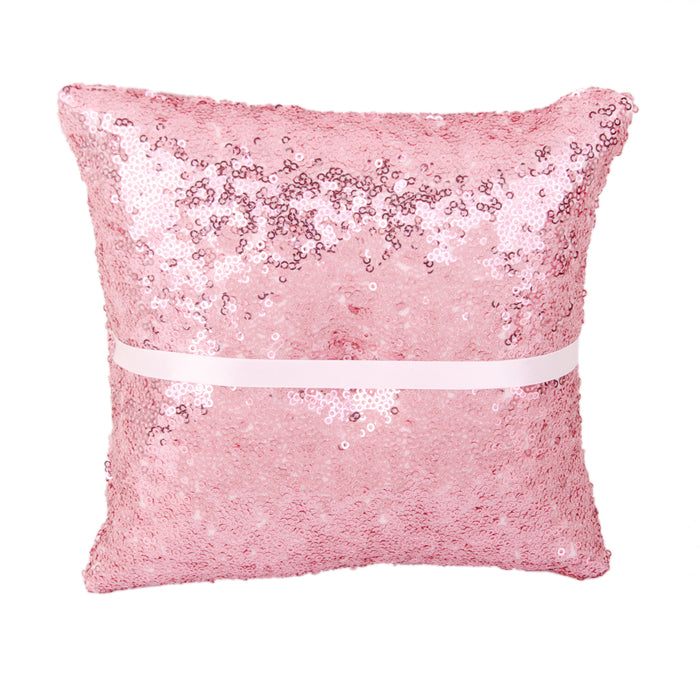 20cm Square Wedding Ring Bearer's Pillow Sequins Cushion for Party Pink