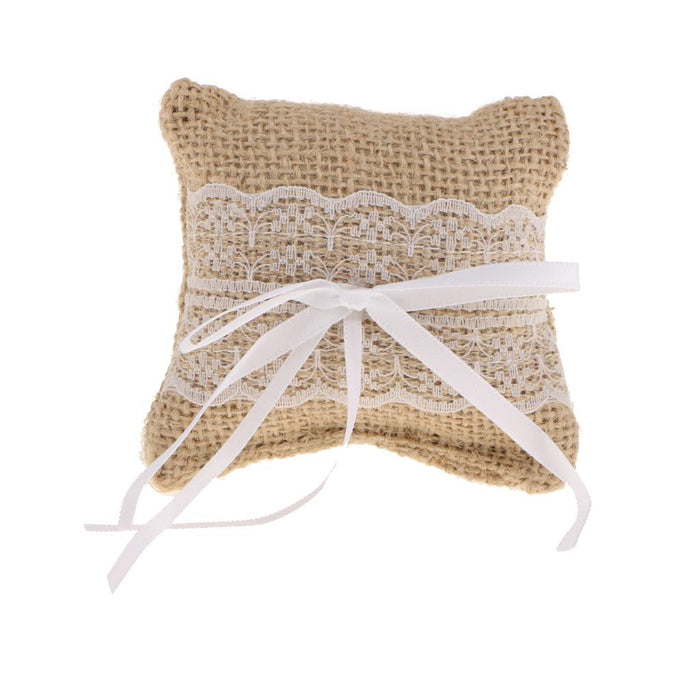 Wedding Bridal Party Jute Burlap Ring Pillow Bow Lace Trim