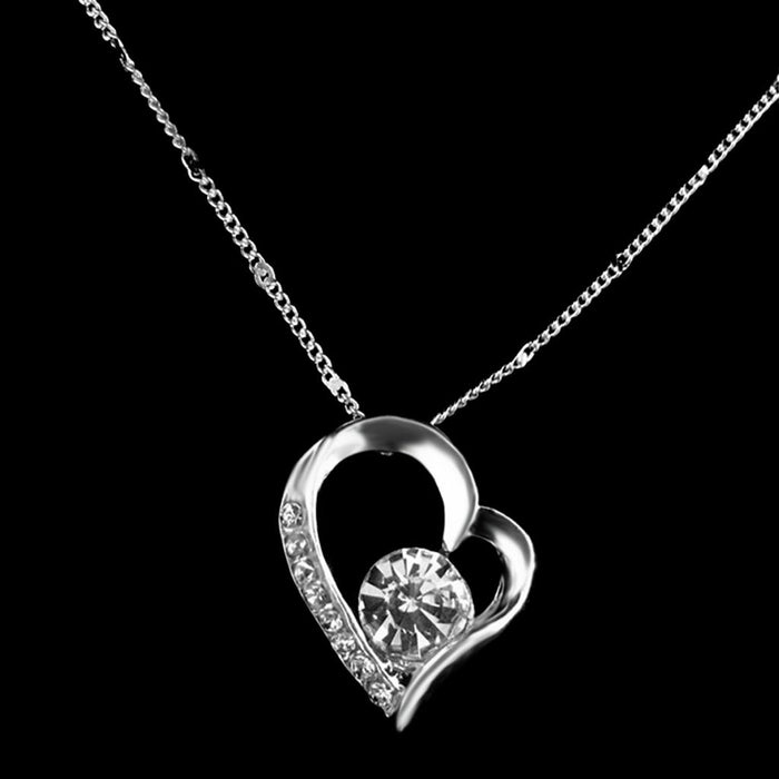 White Crystal Rhinestone Heart Pendant Silver Chain Necklace