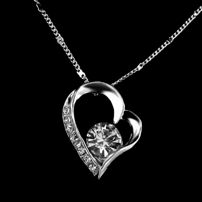 White Crystal Rhinestone Heart Pendant Silver Chain Necklace