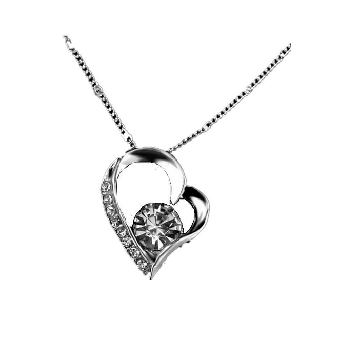 White Crystal Rhinestone Heart Pendant Silver Chain Necklace