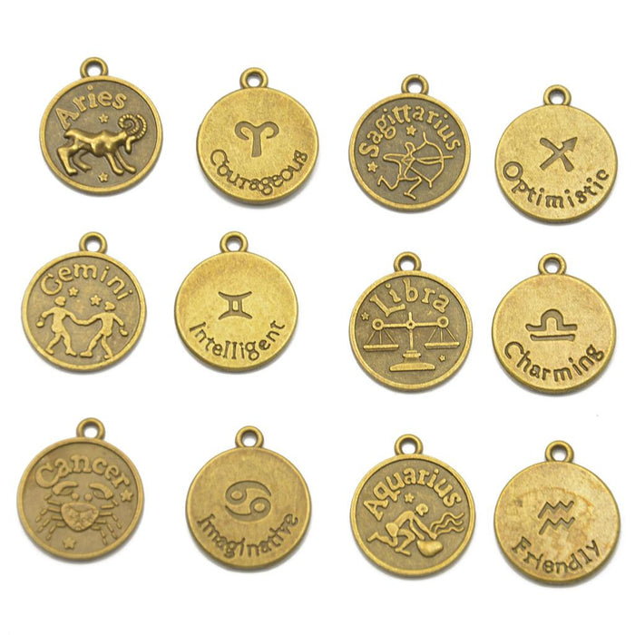 Crofta 12 pcs Antique Bronze Horoscope Zodiac Round Pendant Charm Jewelry Making