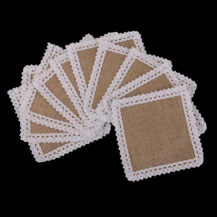 10x Hessian Burlap Cup Mats w/ Lace Coasters Wedding Party Decor 11.5x11.5cm