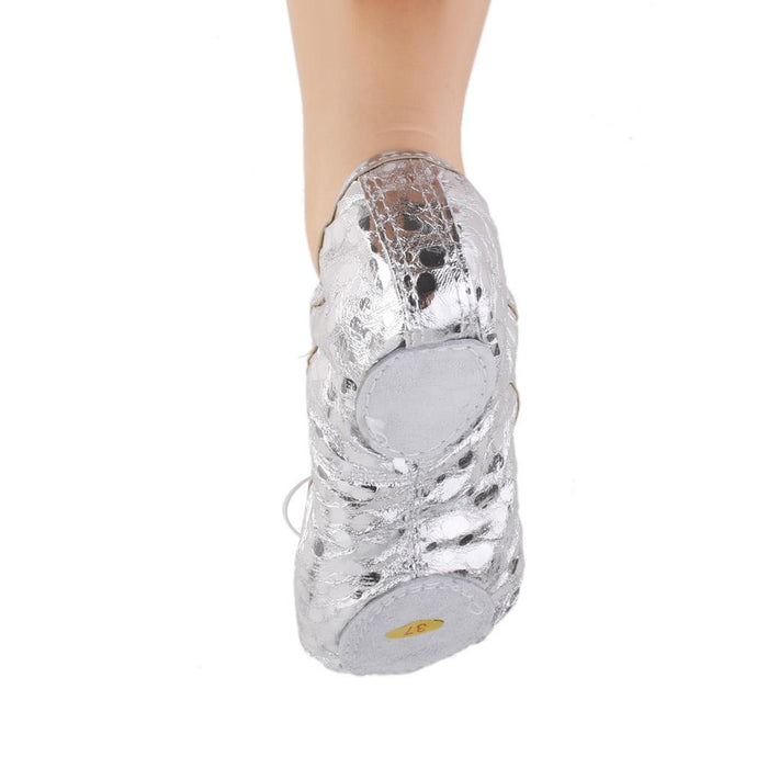 Women Girl Sequins Silver Ballet Pointe Gymnastics Leather Dance Shoes 37