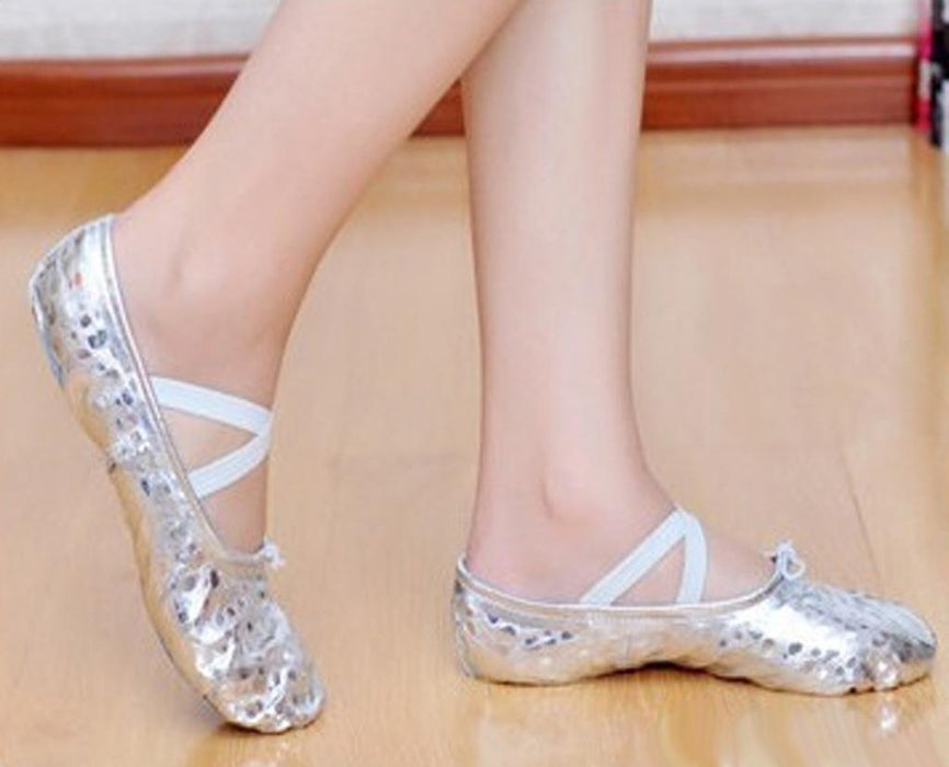 Women Girl Sequins Silver Ballet Pointe Gymnastics Leather Dance Shoes 37