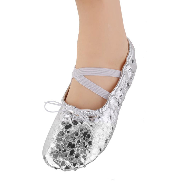 Women Girl Sequins Silver Ballet Pointe Gymnastics Leather Dance Shoes 37