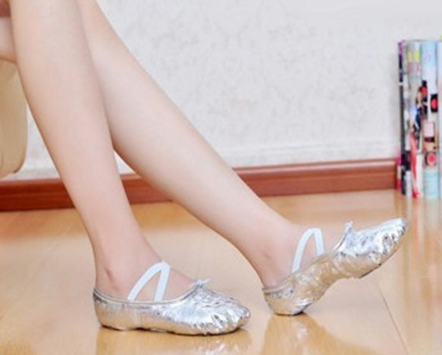 Women Girl Sequins Silver Ballet Pointe Gymnastics Leather Dance Shoes 37