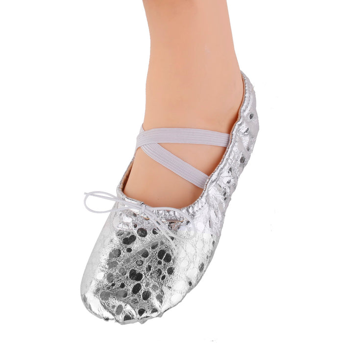 Women Girl Sequins Silver Ballet Pointe Gymnastics Leather Dance Shoes 38