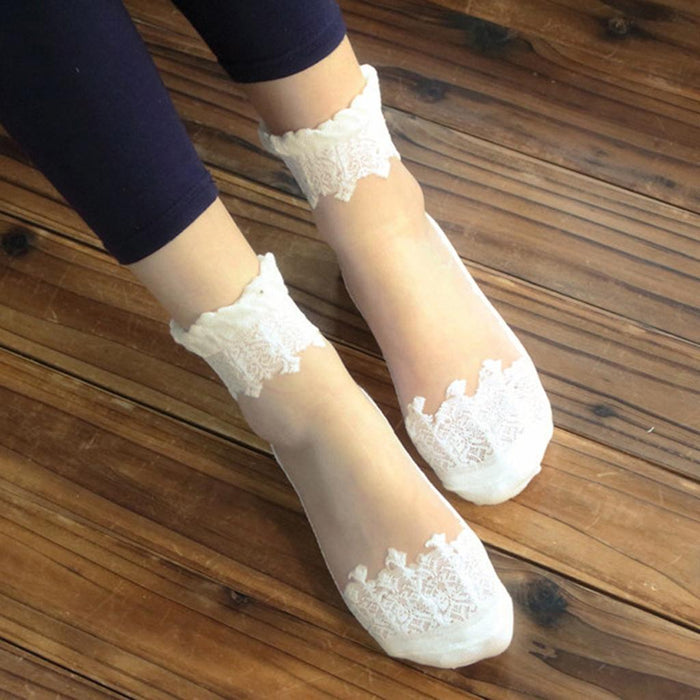 Womens Ankle Socks Ultrathin Transparent Beautiful Crystal Lace Sock White