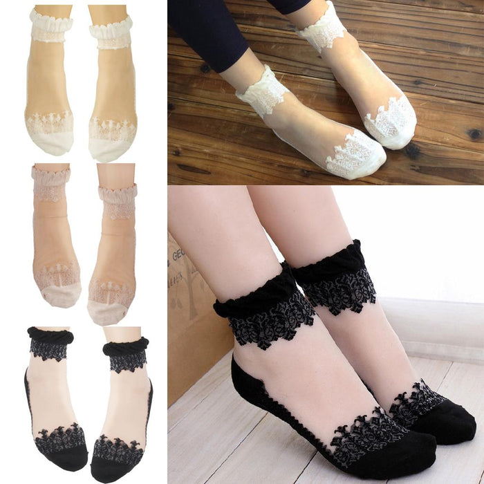 Womens Ankle Socks Ultrathin Transparent Beautiful Crystal Lace Sock White