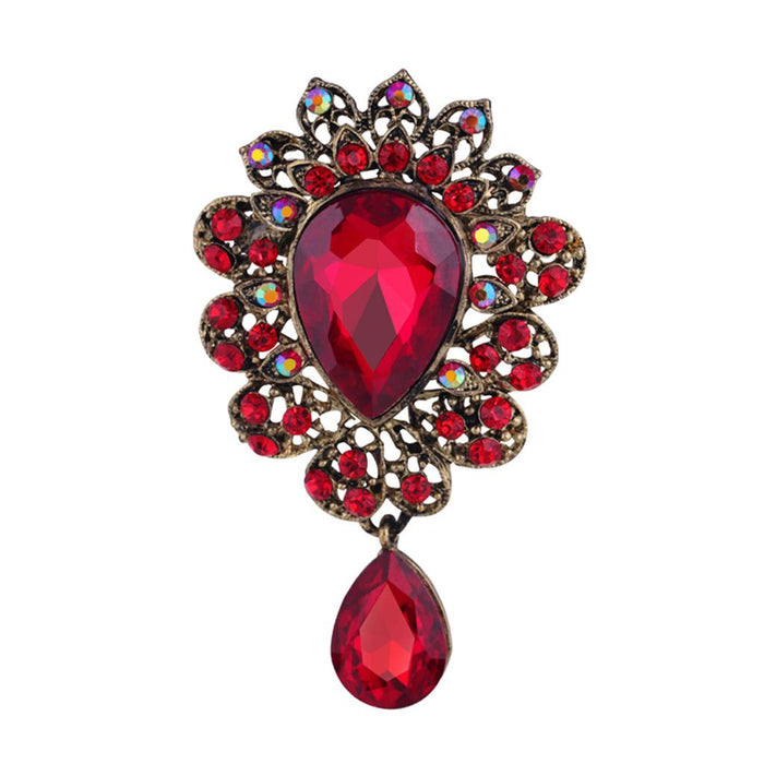 Women Lady Wedding Scarf Red Crystal Rhinestone Brooch Pin Gold Jewelry