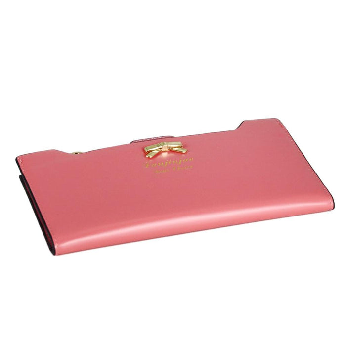 Crofta Womens Bowknot Long Zip Clutch PU Leather Wallet Purse Coin Card Bag Pink