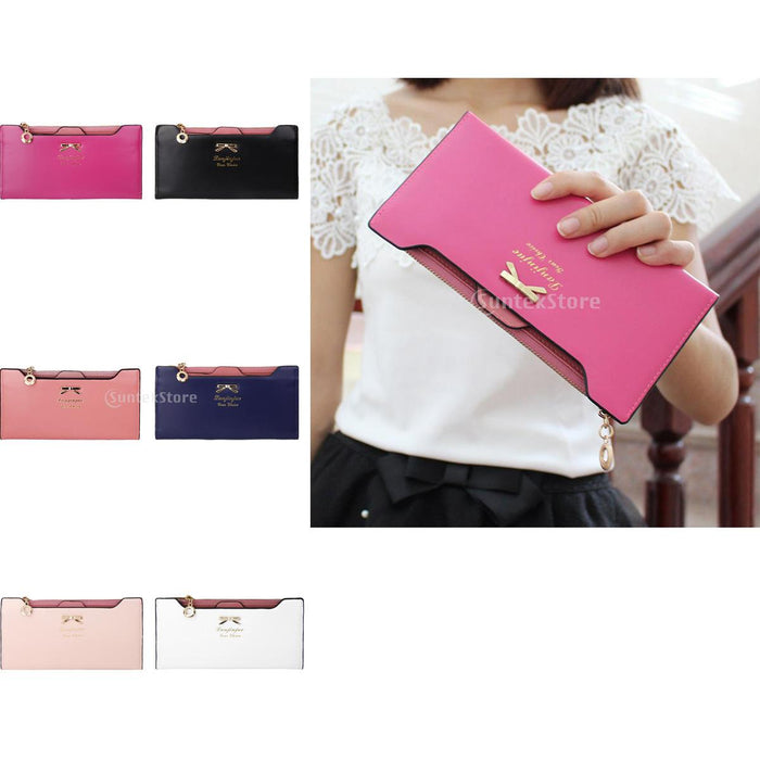 Crofta Womens Bowknot Long Zip Clutch PU Leather Wallet Purse Coin Card Bag Pink