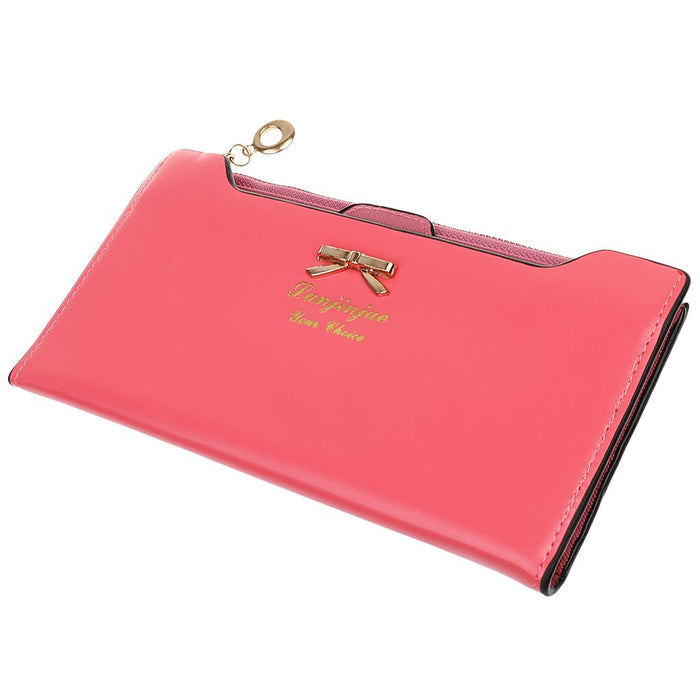 Crofta Womens Bowknot Long Zip Clutch PU Leather Wallet Purse Coin Card Bag Pink