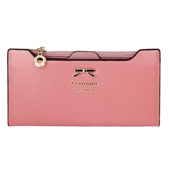 Crofta Womens Bowknot Long Zip Clutch PU Leather Wallet Purse Coin Card Bag Pink