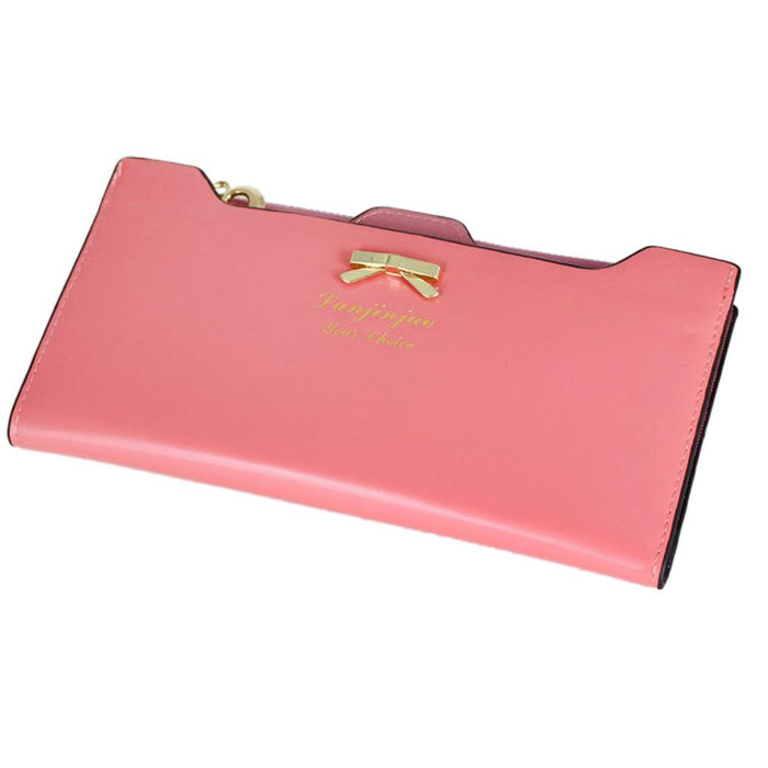 Crofta Womens Bowknot Long Zip Clutch PU Leather Wallet Purse Coin Card Bag Pink