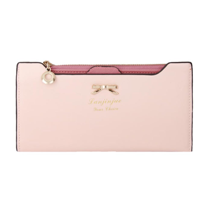 Crofta Womens Bowknot Long Zip Clutch PU Leather Wallet Purse Coin Card Light Pink