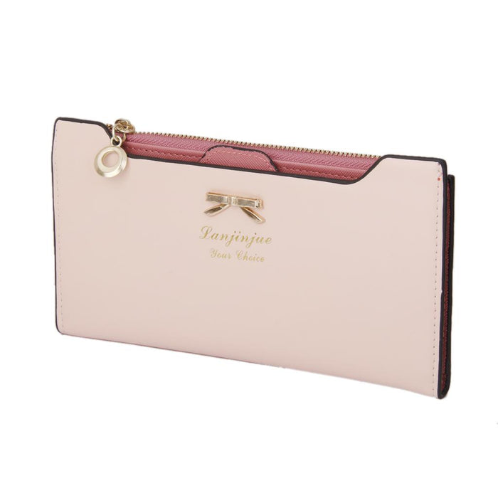 Crofta Womens Bowknot Long Zip Clutch PU Leather Wallet Purse Coin Card Light Pink