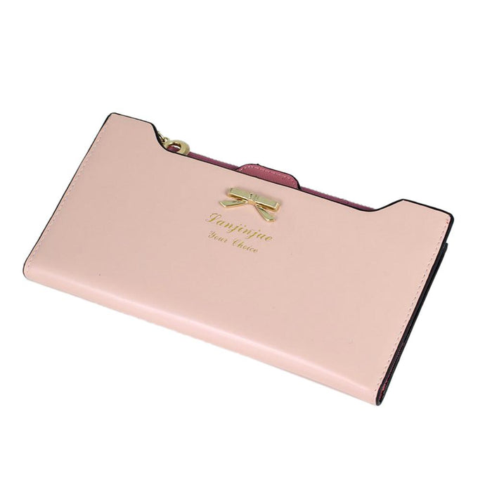 Crofta Womens Bowknot Long Zip Clutch PU Leather Wallet Purse Coin Card Light Pink