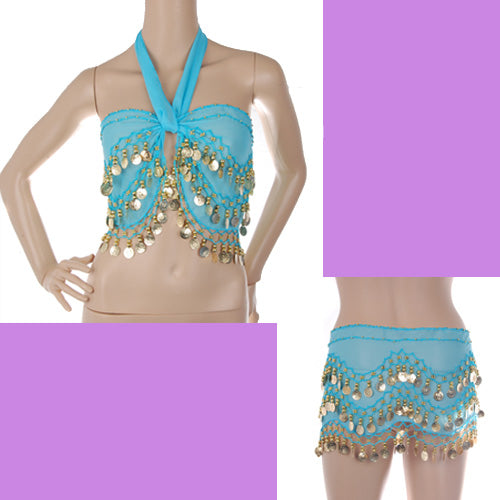 Crofta Womens Belly Dance Fancy Dress Clothing Costume Outfit Hip Scarf Wrap Belt Skirt with 128 False Gold Coins Baby Blue