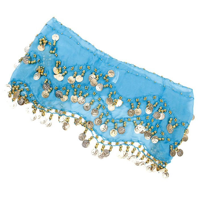 Crofta Womens Belly Dance Fancy Dress Clothing Costume Outfit Hip Scarf Wrap Belt Skirt with 128 False Gold Coins Baby Blue