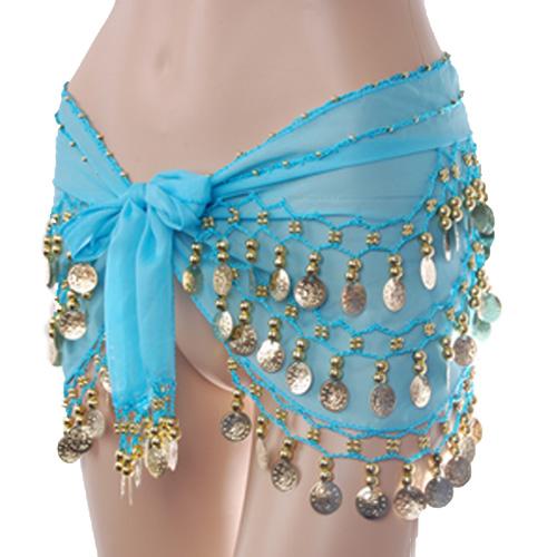 Crofta Womens Belly Dance Fancy Dress Clothing Costume Outfit Hip Scarf Wrap Belt Skirt with 128 False Gold Coins Baby Blue