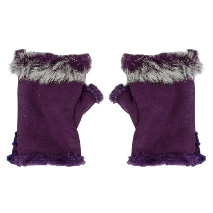 Rabbit Fur Girls Hand Wrist Warmer Fingerless Gloves - Dark Purple