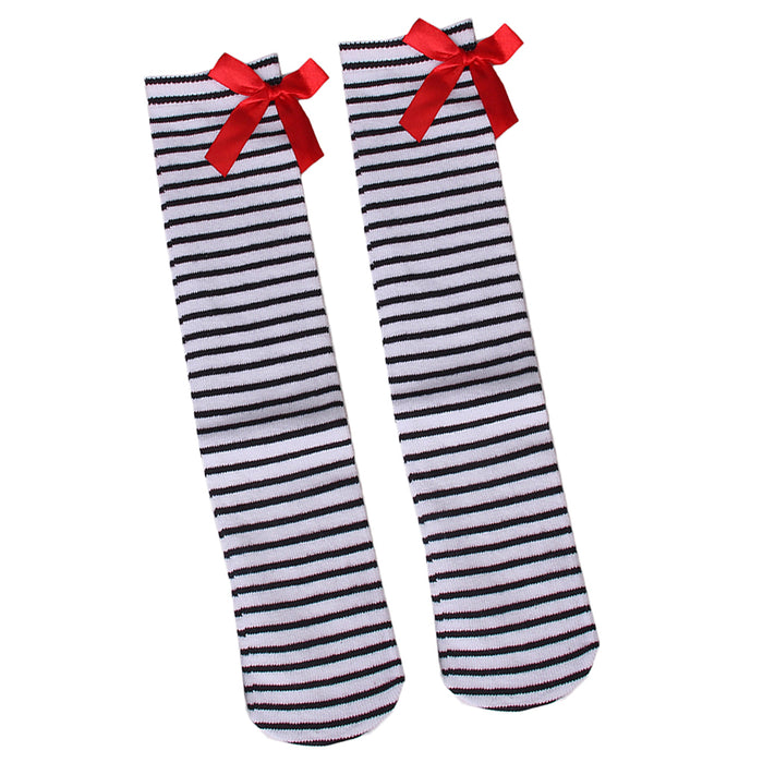 Crofta 1-6 Years Kids Girls Princess Knee High Socks w/ Bowknot- Black and White Stripes