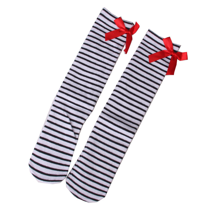 Crofta 1-6 Years Kids Girls Princess Knee High Socks w/ Bowknot- Black and White Stripes