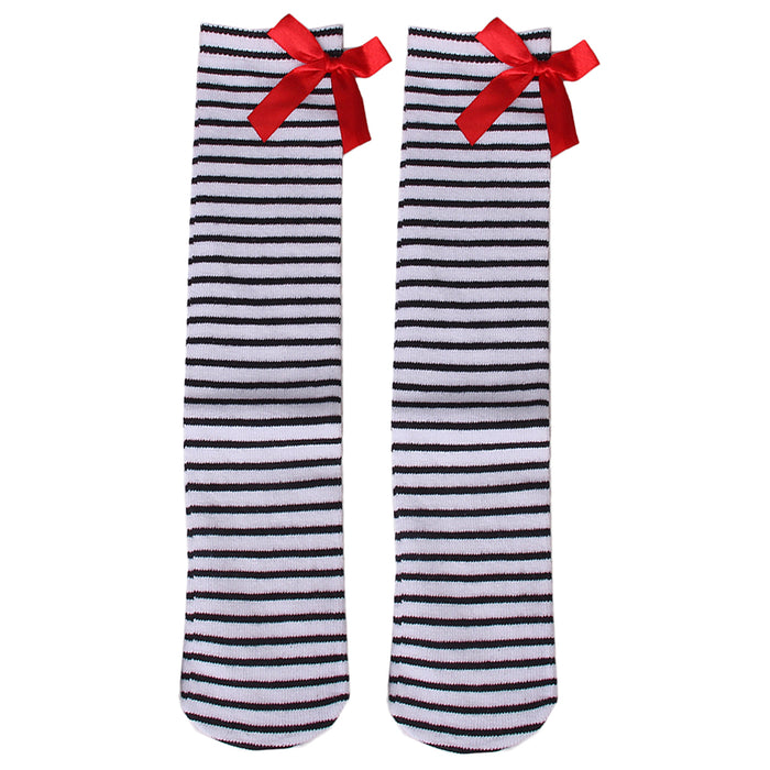 Crofta 1-6 Years Kids Girls Princess Knee High Socks w/ Bowknot- Black and White Stripes