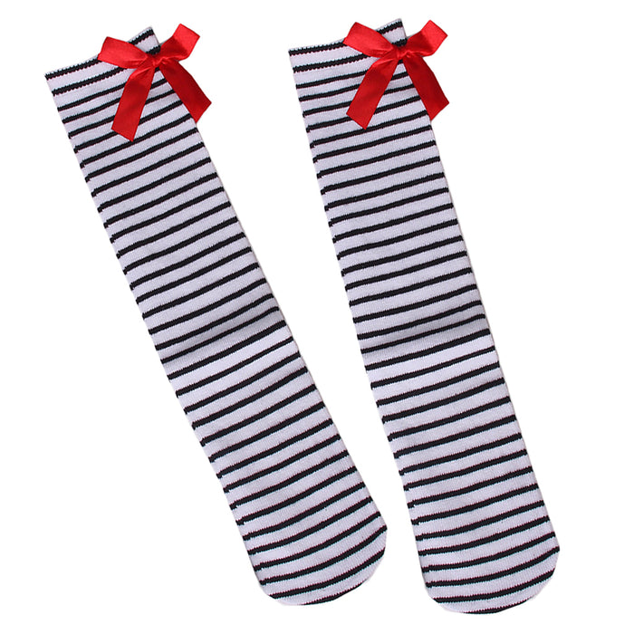 Crofta 1-6 Years Kids Girls Princess Knee High Socks w/ Bowknot- Black and White Stripes