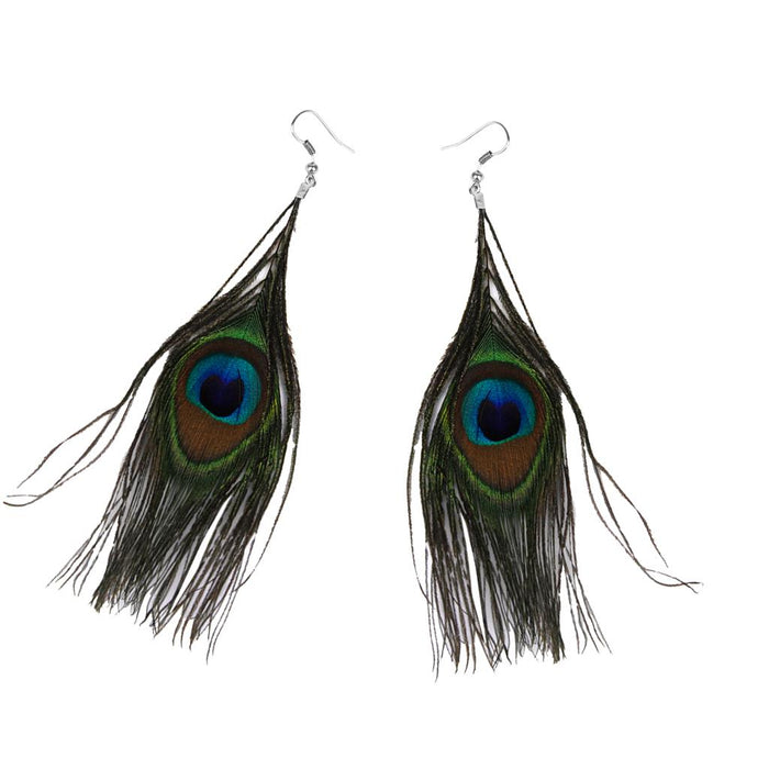 Crofta 1 Pair Peacock Multicolor Feather Fashion Dangle Earrings