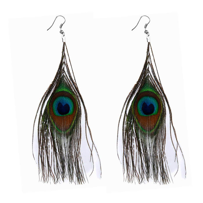 Crofta 1 Pair Peacock Multicolor Feather Fashion Dangle Earrings