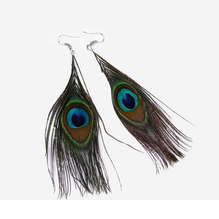 Crofta 1 Pair Peacock Multicolor Feather Fashion Dangle Earrings